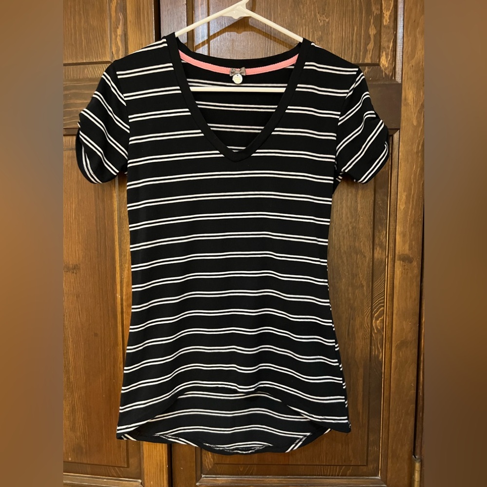 Black and White Striped V-Neck Women's Top